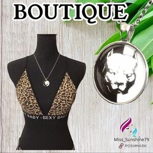 Boutique - Cabochon necklace pit bull blk white - 1 leather & 1 alloy chain incl